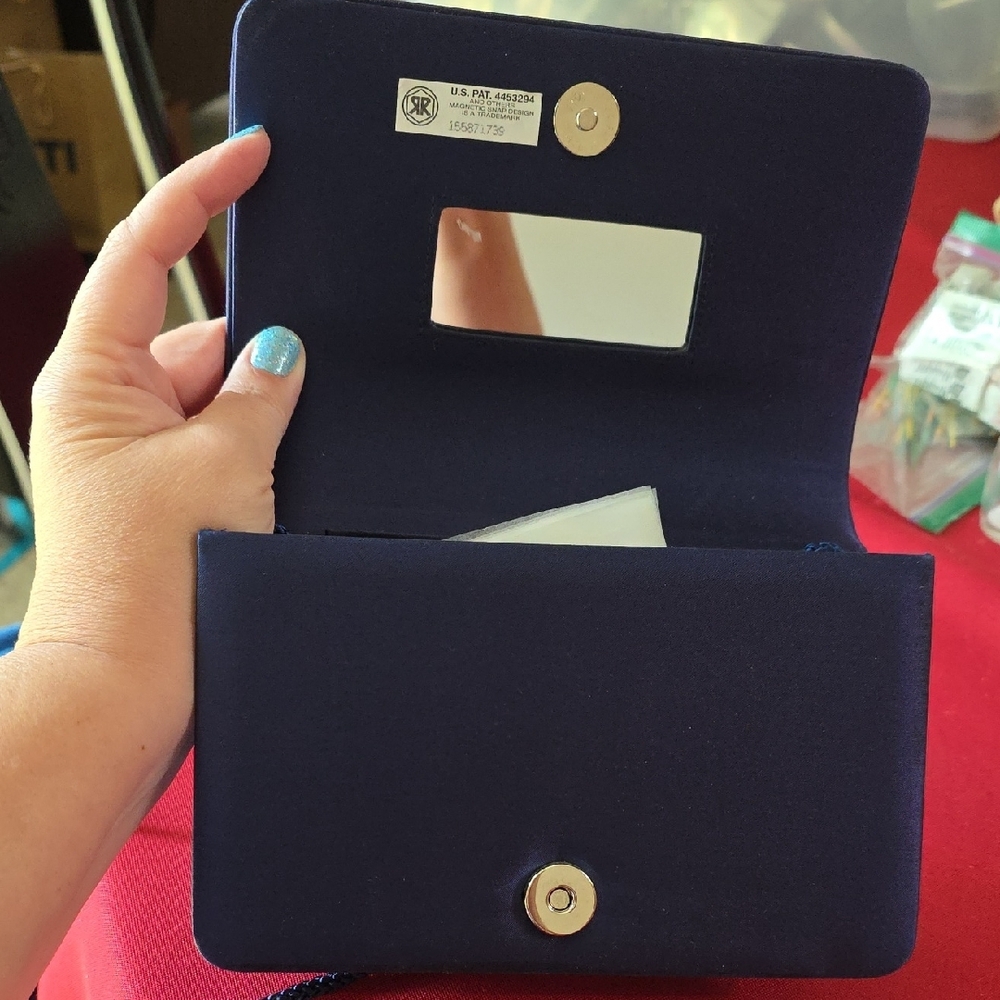 Evening Bag, Navy, Satin With Rhinestones - Picture 5 of 7